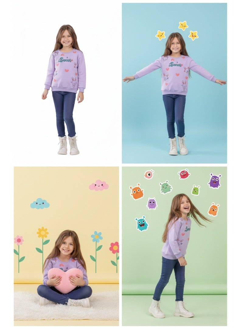 كيو كيو سويتيشرت شتوي للبنات، مبطن بالقطن 100%، خامة سميكة مقاومة للوبر والتلاشي، دافئ وناعم للأطفال من سن 2-5 سنوات، تصميم جذاب وعصري للبنات الصغيرات - Image 3